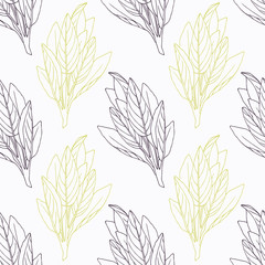 Hand drawn sage branch wirh flowers stylized black and green seamless pattern