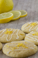 Lemon Cookies on a Table with Lemon Slices, Vertical, Selective Focus.