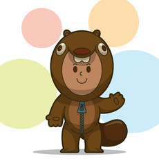 Vector Kid in the animal costume, beaver. Cartoon image of a kid in a beaver costume brown color on a colorful background.