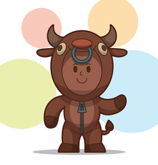 Vector Kid in the animal costume, bull. Cartoon image of a kid in a bull costume brown color on a colorful background.