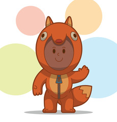 Vector Kid in the animal costume, fox. Cartoon image of a kid in a fox costume orange color on a colorful background.
