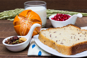 Healthy breakfast : milk, fruit, Chocolate granola and Whole wheat Bread.