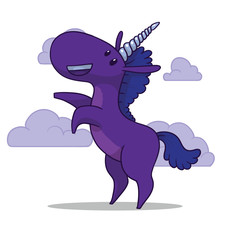 Vector Cute unicorn, purple. Cartoon image of a cute purple unicorn on a light background with lilac clouds.