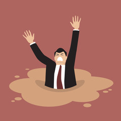 Businessman sinking in a puddle of quicksand - obrazy, fototapety, plakaty