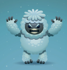 Vector Cute angry Yeti. Cartoon image of a white cute angry Yeti on a snowy light blue background. In the theme of Christmas and New Year.