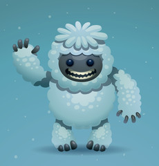 Vector Cute smiling Yeti. Cartoon image of a white cute smiling Yeti on a snowy light blue background. In the theme of Christmas and New Year.