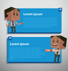 Vector Infographics. Image of Information banners consisting of two steps rectangles blue color with cube people, cheerless and cheerful on a gray background.