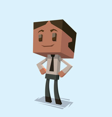 Vector Cube businessman confident. Cartoon image of a cube confident businessman in a white shirt, black trousers and a black tie on a light blue background.