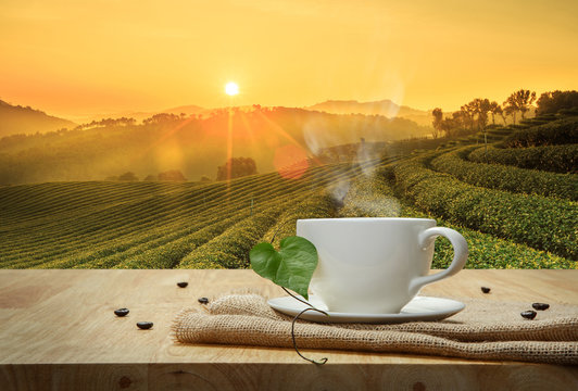 Coffee cup with burlap on the wooden table and the Plantations b