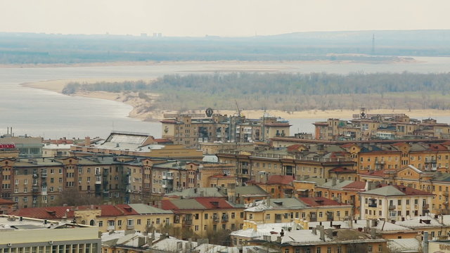 Volgograd top view river roofs of houses