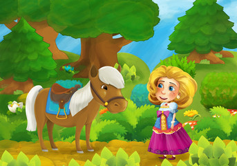 Cartoon forest scene with princess and her horse - illustration for the children