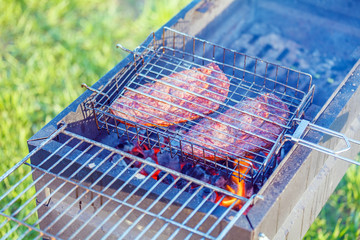 Two Ribeye Steaks Barbecue Cooking