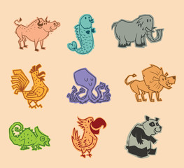 Vector Animal Set. Cartoon image of a set of animals: bull, fish, elephant, cock, octopus, lion, chameleon, parrot, panda, different colors on a light pink background.