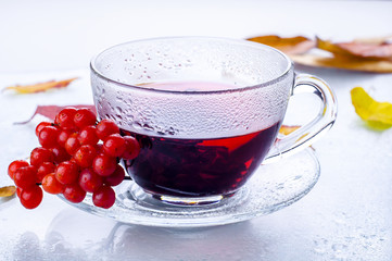 Red berries  viburnum and cup of tea