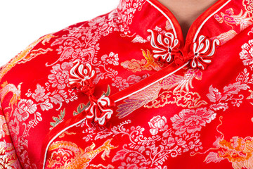 Chinese woman red dress traditional cheongsam ,close up portrait