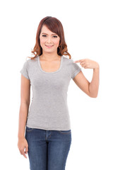 Obraz premium happy teenage girl in blank gray t-shirt on white background