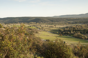 Naklejka premium Meadows and farmlands in El Boalo, Guadarrama Mountains, Madrid, Spain.