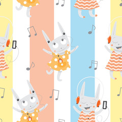 Vector seamless pattern with cartoon rabbits listening to music on striped background.