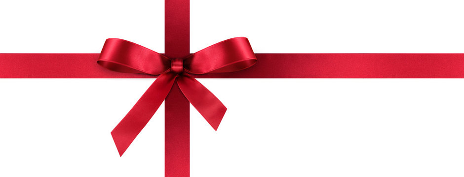 Rote Geschenkschleife und Geschenkband aus rotem Satin Panorama - Geschenk, Schleife, Band - Isoliert - wei&szlig;er Hintergrund. Banner Vorlage f&uuml;r Gru&szlig;karten und Postkarten.