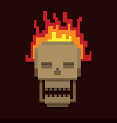 Vector Pixel Skull in Fire. Cartoon image of a skull in orange fire in the style of pixel graphics on a dark brown background.