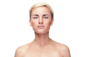Girl with no make up on over white background