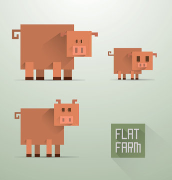 Vector Flat Farm Pigs. Cartoon image of a family of pigs of different colors in the style of flat design on a light background. 