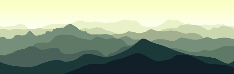 Fototapeta na wymiar Green mountain landscape in the summer morning. Horizontal vector illustration.