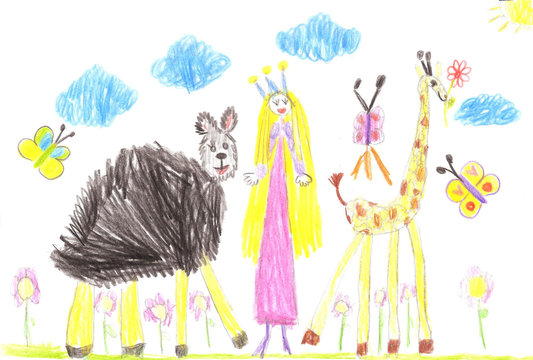 Child Cartoon Hand Drawn funny animals and Princess