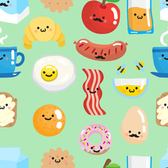 Seamless pattern with smiling breakfast food.