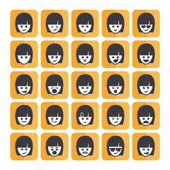 Set of different rectangular woman emoticons vector, white faces. Emoji icons representing lots of reactions, personalities and emotions
