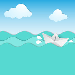 Fototapeta na wymiar Paper waves abd origami boat.