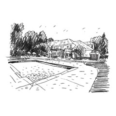 View of the cottage with pool. Vector freehand pencil sketch.