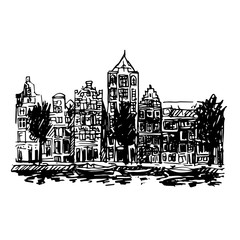 Obraz premium Vector illustration of embankment in Amsterdam (Holland, Netherlands, Europe). Historical building line art. Hand drawn sketch