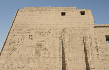 Egyptian hieroglyphics on a large temple wall