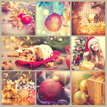 Christmas collage. Beautiful set of vintage New Year celebration images