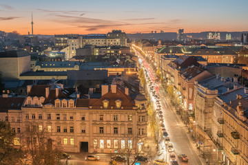 Vilnius, Lithuania: Gediminas avenue in the sunset