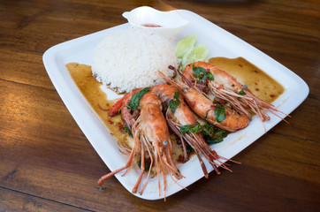 Spicy Shrimp with Basil Leaves Source and Cooked Rice