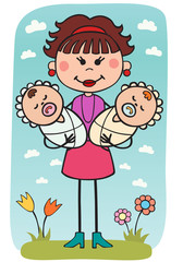 woman holding on hands, hugs, baby, vector illustration