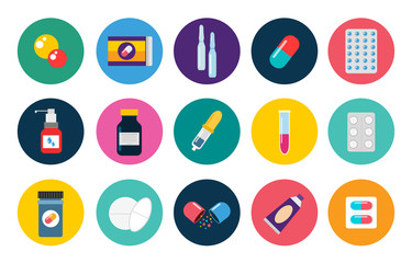 Pills capsules icons vector flat set. Medical vitamin pharmacy illustration