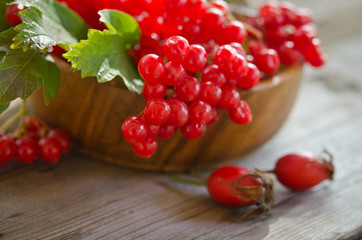 Red Viburnum berries in wooden bowl on the table with two rose h