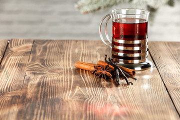 glasses of tea and wooden table place 