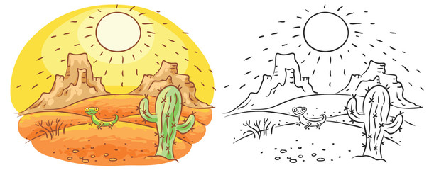 Cartoon lizard and cactus in the desert, cartoon drawing, both colored and black and white