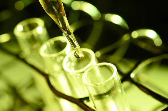Pipette adding fluid to one of several test tubes