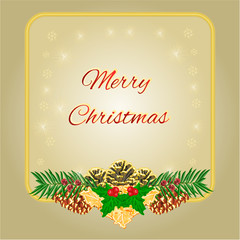 Merry Christmas frame with pinecones green and gold leaves holly and yew vector