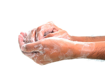 man's hands in soapsuds, isolated on white