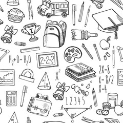 School tools sketch black and white seamless vector pattern.
