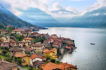 View of Como Lake, Milan, Italy, with Alps mountains in backgrou