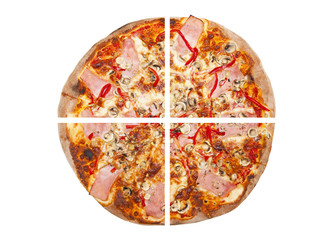 Pizza cut in four pieces isolated on white background