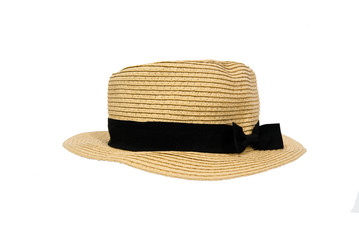 isolated straw hat with black ribbon knot