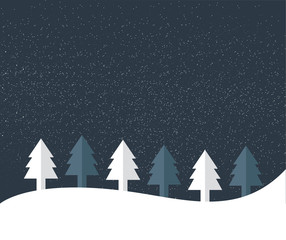 Christmas tree land. Snow flakes falling in the night. Simply flat design.